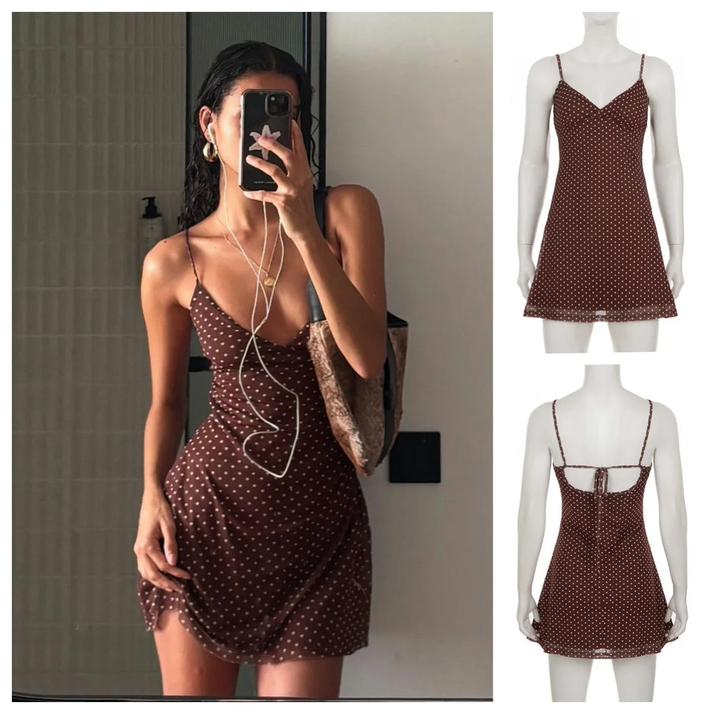 Y2k Vintage Slim Summer Women Sweet Ladylike Fashion Street Woman Dot Print Casual Simple Basic Sleeveless Dresses Female Chic