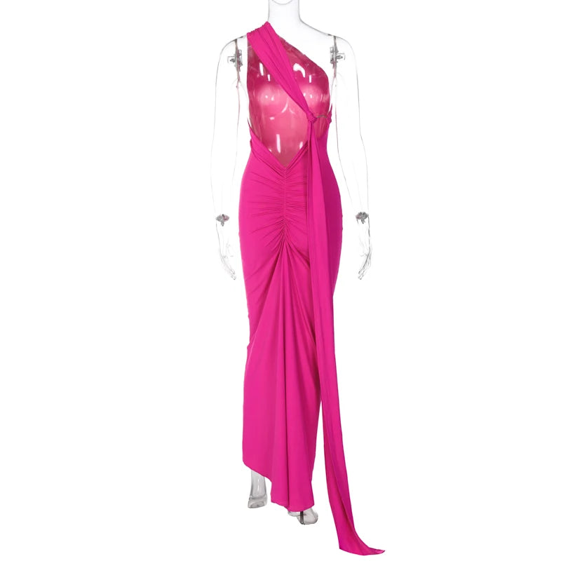 Hugcitar One Shoulder Backless Adjustable Scarf Loop Ruched Sexy Maxi Dress Women Elegant Y2K Streetwear Festival Outfit