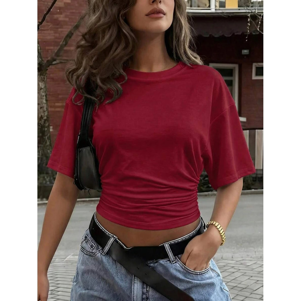 Slimming  Color round Neck Short Sleeve T-Shirt Women's Fashion 2026 Spring Knitted Polyester Batwing Style Top