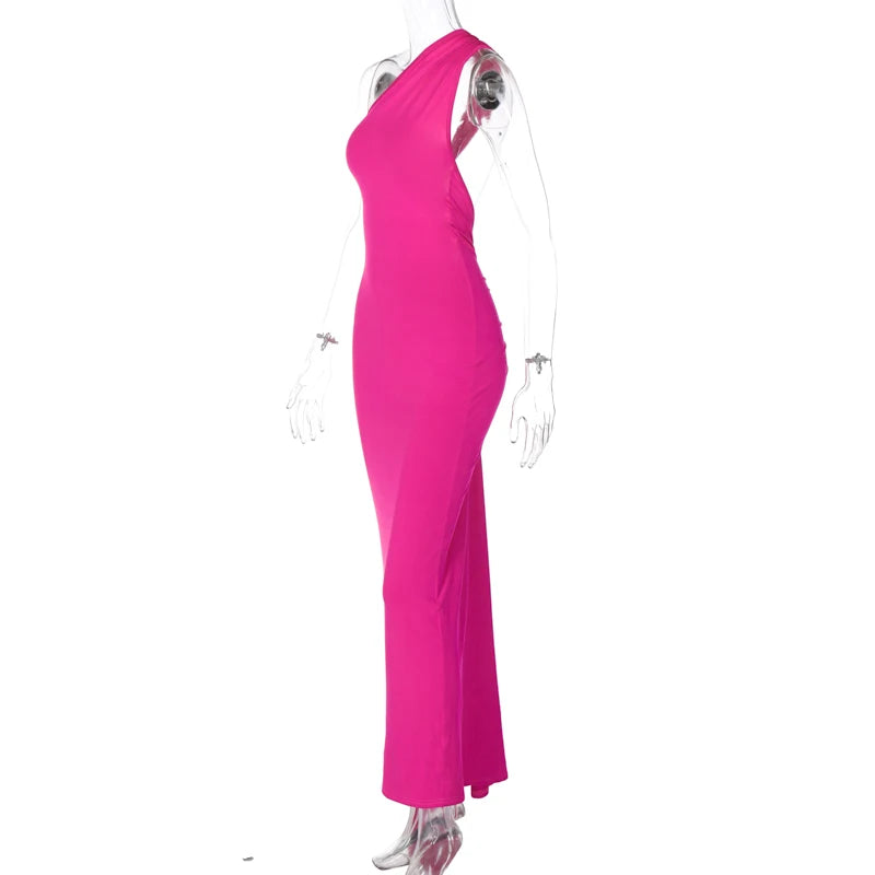 Hugcitar One Shoulder Backless Adjustable Scarf Loop Ruched Sexy Maxi Dress Women Elegant Y2K Streetwear Festival Outfit