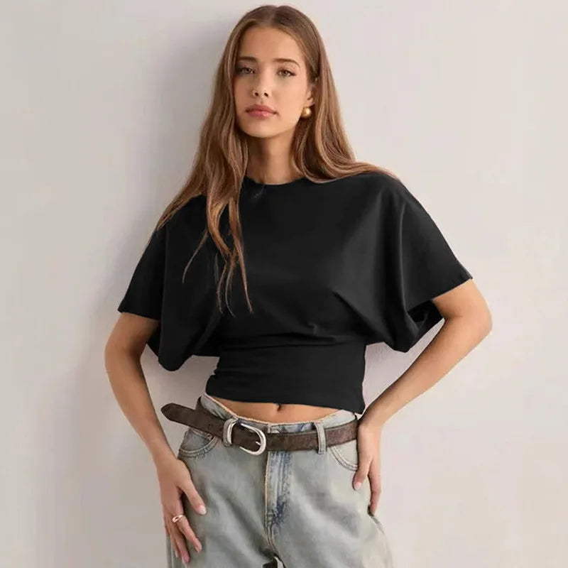 Batwing Sleeves Loose T-shirt Short Sleeve Tee Crop Top Women Summer Clothes Black White Gray Streetwear T Shirts Woman 2026 New