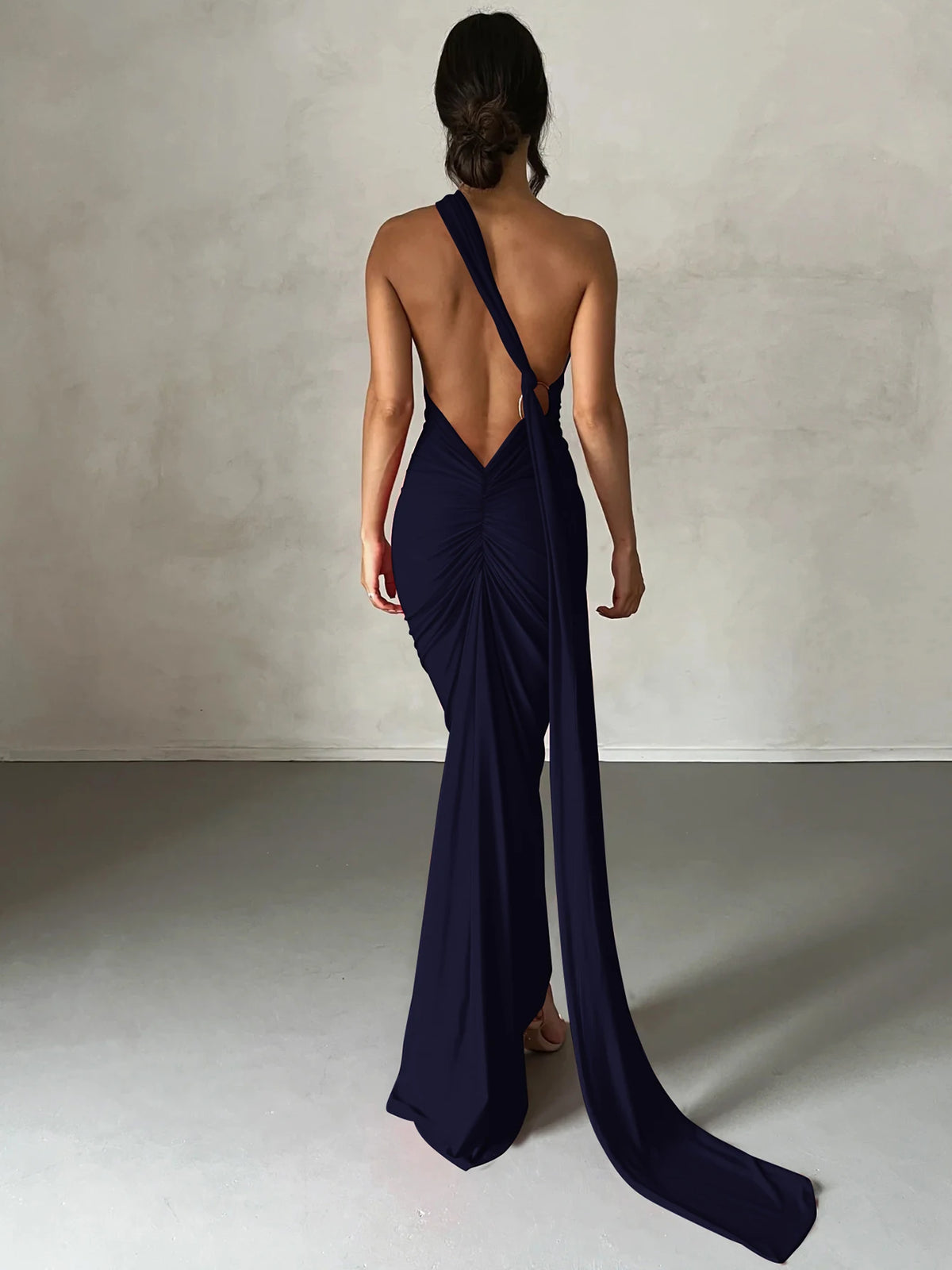 Hugcitar One Shoulder Backless Adjustable Scarf Loop Ruched Sexy Maxi Dress Women Elegant Y2K Streetwear Festival Outfit