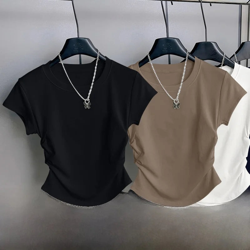 Women's ort Sve T-irt 2025 New Summer Faionable Waist-Cinching Design Commute Slimming Versatile Top Teaded