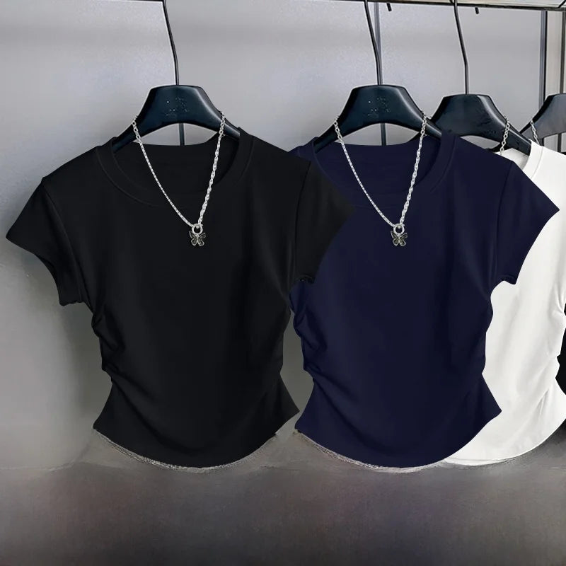 Women's ort Sve T-irt 2025 New Summer Faionable Waist-Cinching Design Commute Slimming Versatile Top Teaded