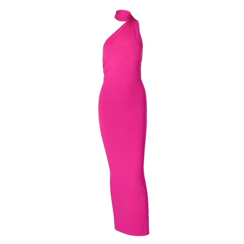Hugcitar One Shoulder Backless Adjustable Scarf Loop Ruched Sexy Maxi Dress Women Elegant Y2K Streetwear Festival Outfit