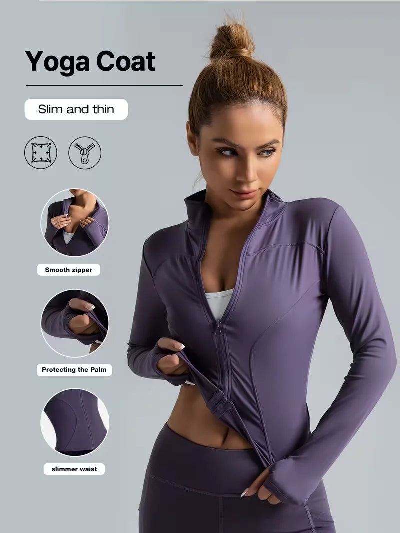 Women Slim Fit Stand Collar Sports Jacket Zip Up Yoga Jacket Quick Dry Slim Waist Running Workout Coat For Spring