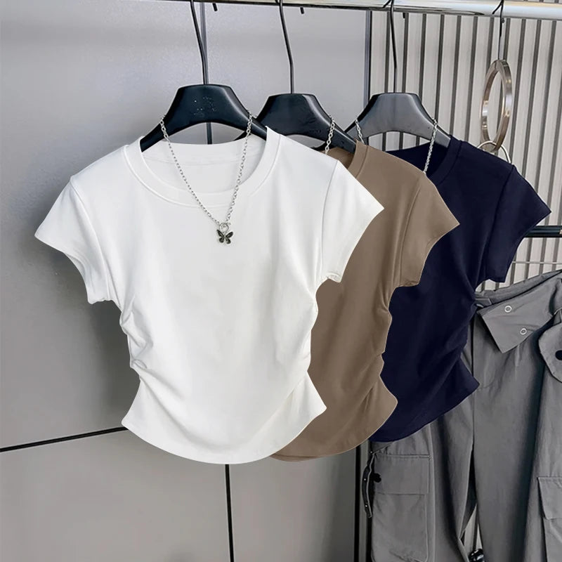 Women's ort Sve T-irt 2025 New Summer Faionable Waist-Cinching Design Commute Slimming Versatile Top Teaded